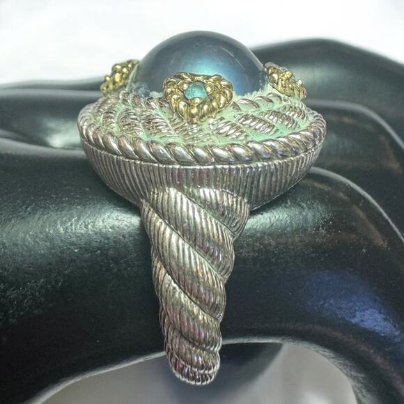 Judith Ripka 18K Gold and 925 Silver Gray Pearl and Aquamarine Cocktail Ring - Picture 2 of 13